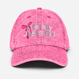 Literally Just a Girl - Cute Girly Bow Embroidered Baseball Cap - Women's Vintage Washed Cotton Twill Cap- pink - front view