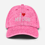 I Love My Job - Unisex Embroidered Washed Denim Baseball Cap - Vintage Cotton Twill Cap - pink - front view