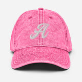 A as in Alex - Customized 3D Puff Embroidered Initial Baseball Cap - Unisex Vintage Wash Cotton Twill Cap - pink - front view