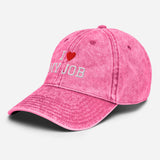 I Love My Job - Unisex Embroidered Washed Denim Baseball Cap - Vintage Cotton Twill Cap - pink - semi front view