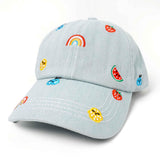 Rainbow and Fruits Embroidered Cute Washed Denim Baseball Cap