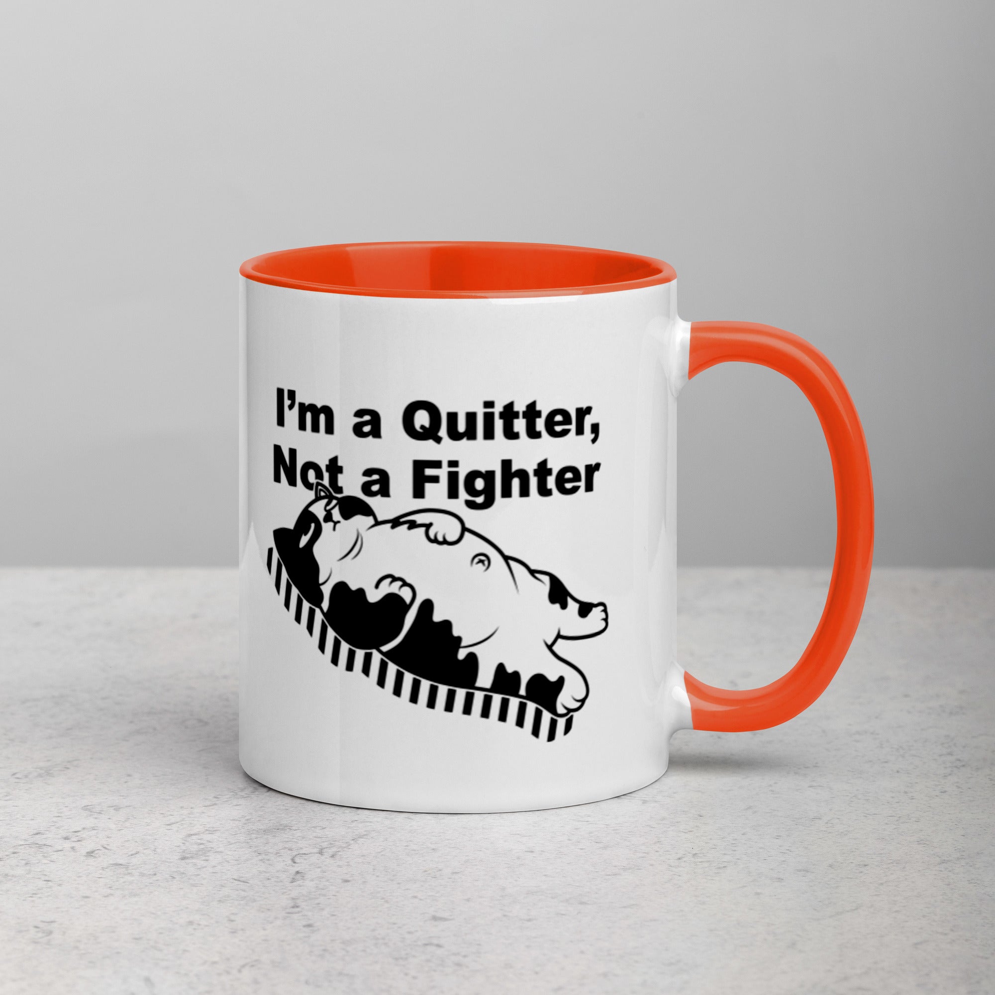Funny "I'm a Quitter, Not a Fighter" Cat Original Art Mug with Color Inside